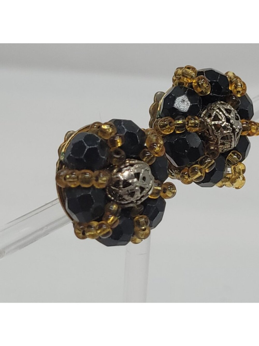 Vintage Black & Amber Beaded Clip-On Earrings Gold-Tone Backing Retro Jewelry - Picture 5 of 9